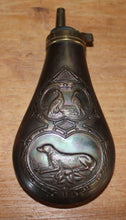 Load image into Gallery viewer, 19th Century Copper Embossed Powder Flask – Hunting Dogs and Grouse or Pheasants