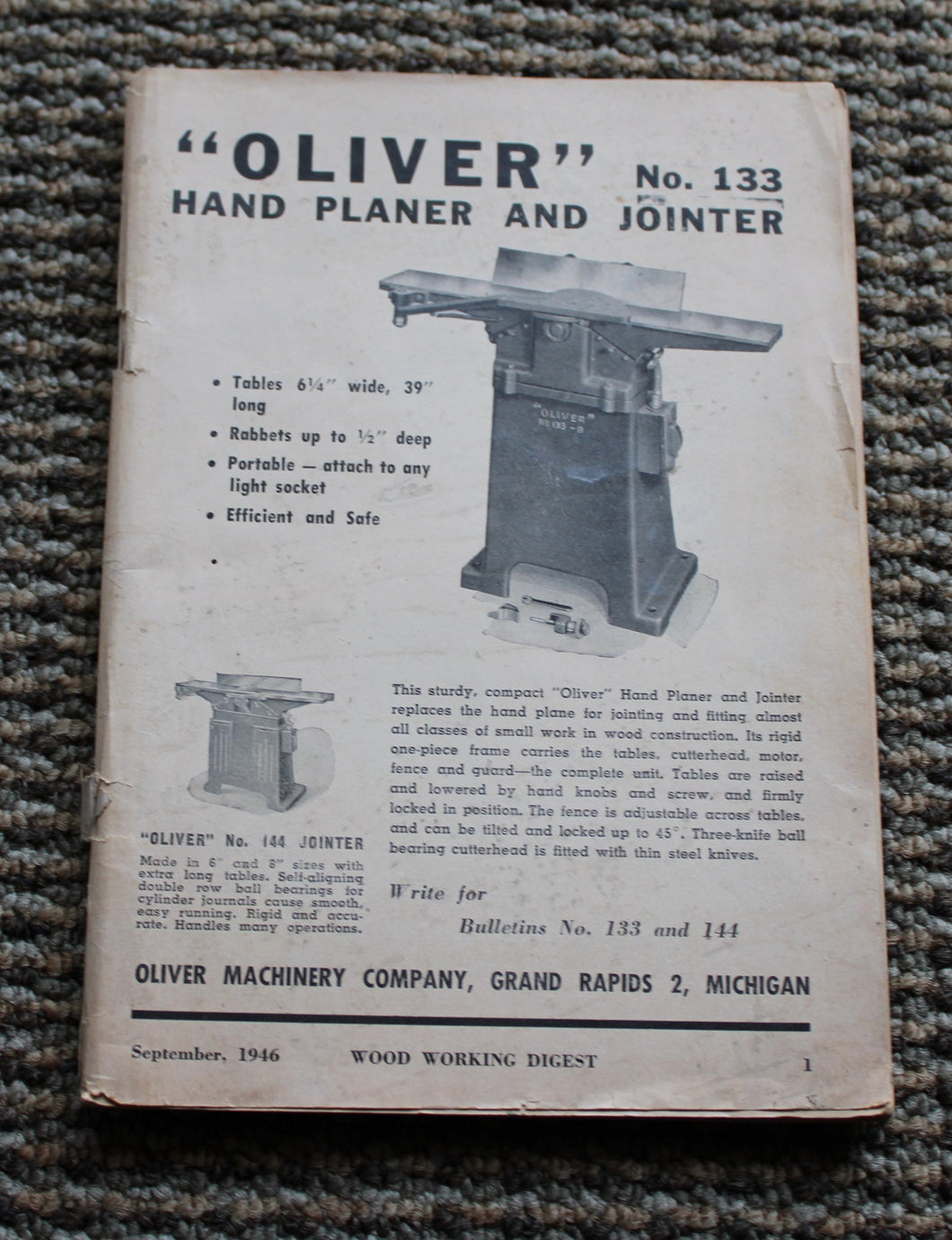 Oliver No. 133 Hand Planer and Jointer September 1946 Wood Working Digest