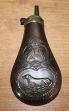 Load image into Gallery viewer, 19th Century Copper Embossed Powder Flask – Hunting Dogs and Grouse or Pheasants
