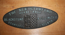 Load image into Gallery viewer, VINTAGE THE NEW STAMFORD Eng. HORSE RAKE BLACKSTONE &amp; CO. Cast Iron Plaque Nameplate Sign
