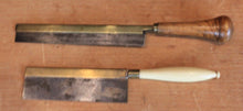 Load image into Gallery viewer, Two Fancy Early Antique Keyhole Saws 1.Turned Bone 2. Boxwood
