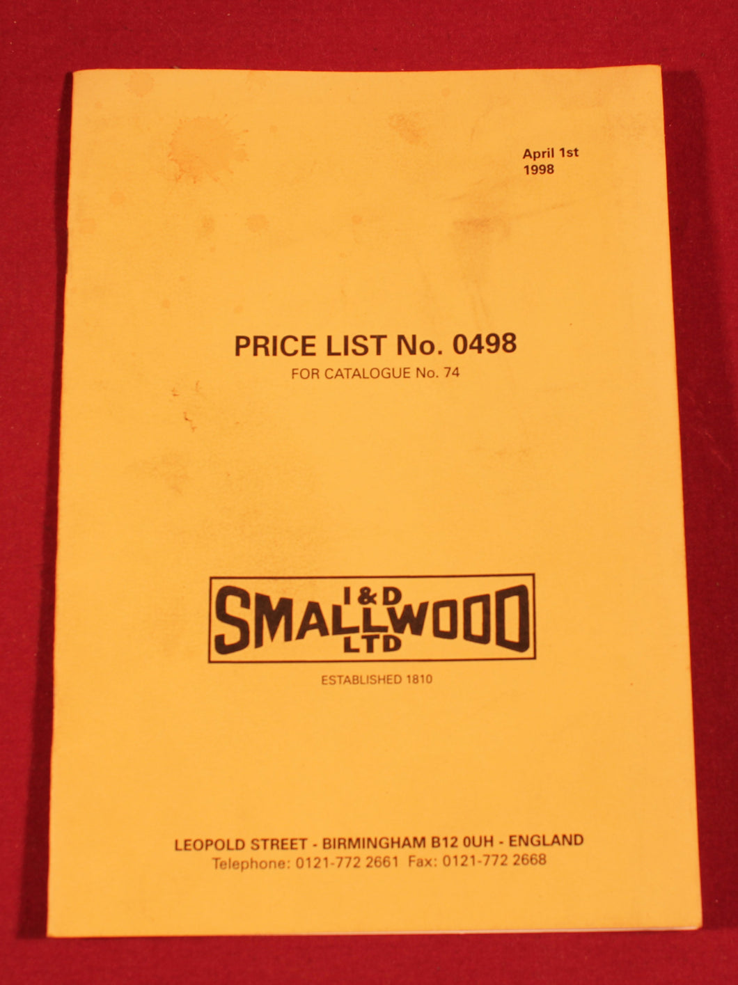 I & D Smallwood Price List No. 0498 For Catalogue No. 74