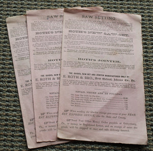 Three Copies of Vintage Original 1890’s Roth's new saw-set guide Flyers